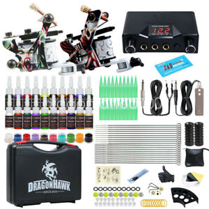Beginner Tattoo Kit Set 2 Machine Gun Color Ink Power Supply Needle Grip Tip Box