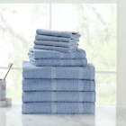 Office Blue 10 Piece Cotton Bath Towel Set with Upgraded Softness & Durability