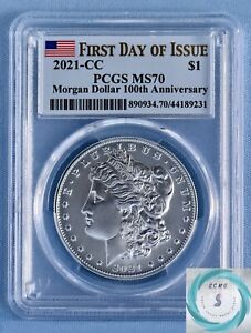 2021-CC Morgan Silver Dollar PCGS MS70 - Popular First Day of Issue Flag Label