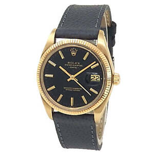 Rolex Date 18k Yellow Gold Grey Leather Automatic Black Men's Watch 1503