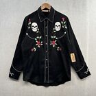 Scully Western Shirt Mens Small Black Skulls Floral Embroidered Snap Rodeo*