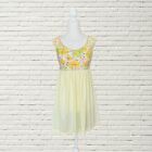 Vintage 60s Babydoll Mini Slip Dress Yellow Psychedelic Floral & Lace Xs