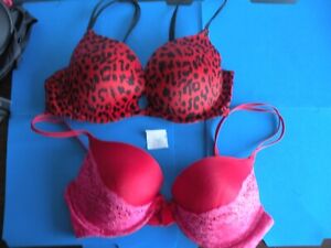 Victoria's Secret Red rhinestone ace / Red leopard animal  lot of 2 Bra 36c N11