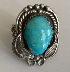 Vintage Navajo Old Pawn Sterling Silver Leaf Turquoise Ring Size 8