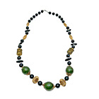 Very VTG Black, Green, Gold Beaded Necklace 30” 1960s Era Fabulous, Estate Find