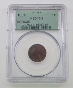 1864 1C Bronze Indian Head Graded by PCGS as MS64 Brown