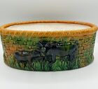 New ListingVintage Majolica Pottery Planter Cow Calf Basket Weave Ochre Green Black