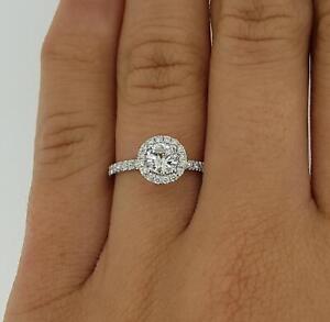 0.8 Ct Pave Halo Round Cut Diamond Engagement Ring SI2 H White Gold 18k Treated