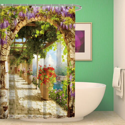 Western Scenic Shower Curtain Floral Bathroom Decor with Hooks