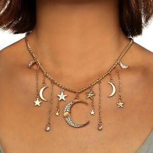 Bohemian Crystal Star Moon Gold Plated Pendant Necklace Women Party Jewelry Gift