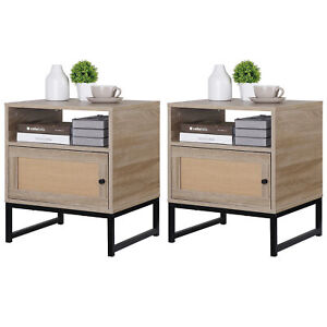 Rattan Nightstand Set of 2 End Table with Storage for Bedroom or Living Room Oak