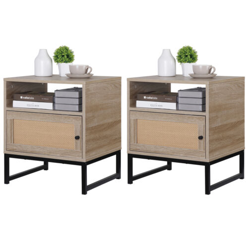 Rattan Nightstand Set of 2 End Table with Storage for Bedroom or Living Room Oak