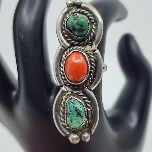Old Pawn Navajo Sterling Turquoise Coral Ring LONG SIze 8