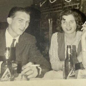 Vintage Cute Young Couple Drinking Blatz Beer at a Bar Christmas Party 1950