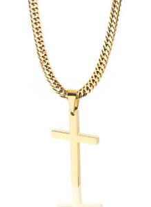 Men Cross Necklace Silver Gold Stainless Steel Boy Plain Pendant Cuban Chain