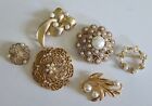 Vintage Gold Tone Brooch Pin Lot Faux Pearl Signed