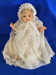 New ListingVntg Christening Doll 14”T Plays Lullaby & Head Moves When Wound Up