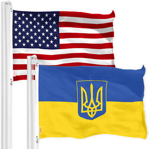 USA American Flag & Ukraine Coat of Arms Flag 3x5FT Printed 150D Poly By G128
