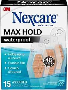 Nexcare Bandages Max Hold Waterproof Bandages, Germ-proof 15 Count Assorted NEW