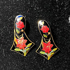 Vtg Cloisonne Pierced Earrings 2 Piece, Metallic Red Flowers & Green Leaves
