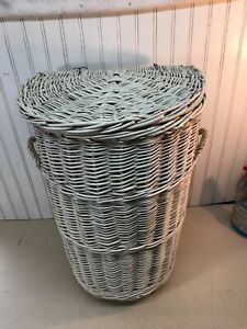 Vintage Braided White Wicker Laundry Hamper Basket  23in tall  x 20wide