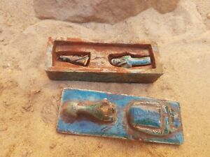 Rare Antique Ancient Egyptian Amulet Box God Falcon + Bastet + Scarab 2480 BC