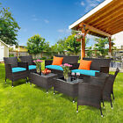 8PCS Patio Rattan Conversation Furniture Set Outdoor w/ Turquoise Cushion