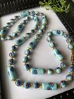 Vintage Venetian Millefiori Blue On Blue Glass Bead 28” Necklace  Knotted