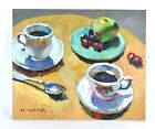 New ListingVintage Impressionist Still Life Oil Painting Teacups with Apple and Cherries