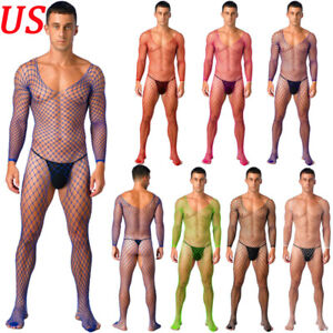 US Mens Crotchless Bodystocking Stretchy Hollow Out Fishnet Bodysuits Lingerie