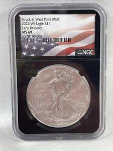 2022 W American Silver Eagle, NGC MS 69, Flag Label, Early Releases  A4.13
