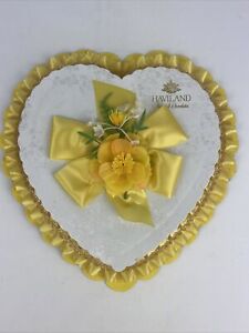 Vintage Valentines Day Heart Candy Box Chocolate Yellow Satin Lace Trim 12in
