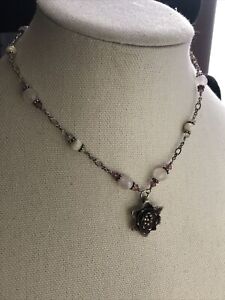 3. Vintage 925 Sterling Wire Faceted Rose Quartz Flower Pendant Necklace 16