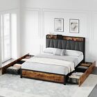Full Queen Size Bed Frame Platform with 4 Storage Drawers Upholstered Headboard