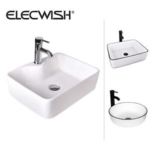 ELECWISH Bathroom Vessel Sink White Ceramic Counter Top Basin Bowl with Faucet