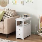 End Table with Charging Station Narrow Bedside Table for Small Space White
