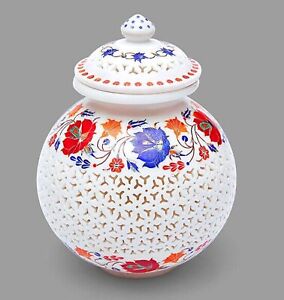 White Marble Flower Pot Filigree Work Outdoor Planter from Indian Cottage Craft