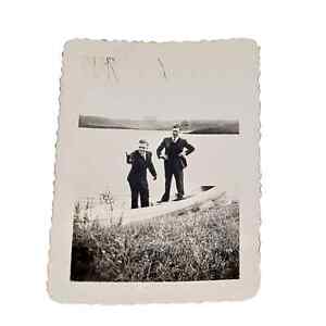 New ListingVtg B&W Photo 1940s Handsome Young Men Standing in Boat on Lake Snapshot Found
