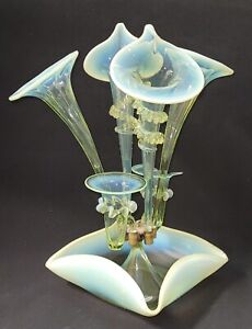 RARE Victorian Opalescent Vaseline Glass Epergne W/ 6 Flutes 4  W/glass Ribbon