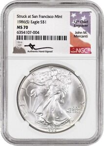 1986 (S) $1 Silver American Eagle NGC MS70 UC John Mercanti Signature Label