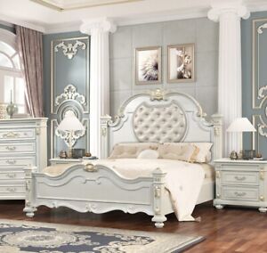 Majestic White Finish Queen Bed Button-Tufted Faux Leather Traditional Bedroom