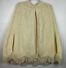 Vtg Cable Knit Shawl Poncho Fishermans Sweater Ivory Fringe Handmade One Button