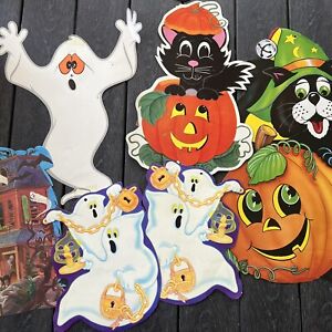 Vintage 1980s Halloween Decorations Diecut Paper 80s Black Cat Ghost Lot Of 6