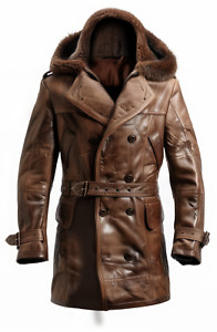 Men's Fur Collar Classic Brown Leather Trench Coat Long Hooded Shearling Jacket