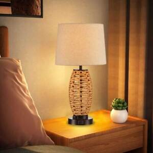 Dimmable Coastal Rattan Table Lamp Bedside Lamp with Bulb USB Living Room Office