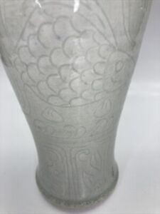 Asian Inspired Celadon Ceramic Vase Scrafeti Coy Fish. Light Blue Gray Graceful