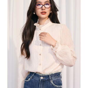 Spring New Beige Embossed Shirt Top Women Formal Office Blouses Stand Collar