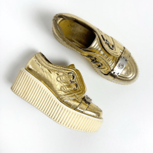CHANEL Gold Platform Lace Up Loafer Size 36 Flats Metallic Foil Leather CC Logo