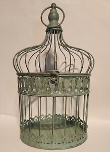 Teal Green Metal Hinged Birdcage Decor French Country Farmhouse Antiqued Look