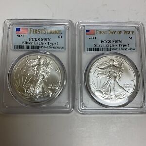 2021 $1 Type 1 and Type 2 Silver Eagle Set PCGS MS70 First Strike - Flag Label